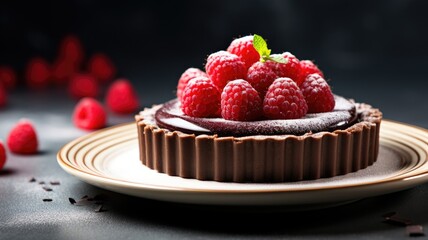Chocolate raspberry tart on a plate with a dusting of sugar