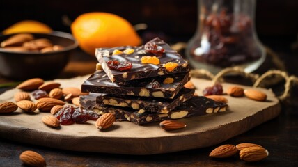 Handmade chocolate with nuts and dried fruit on rustic wood - obrazy, fototapety, plakaty