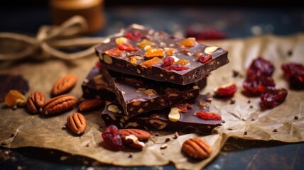 Artisan chocolate with nuts and dried fruits, rustic setting - obrazy, fototapety, plakaty