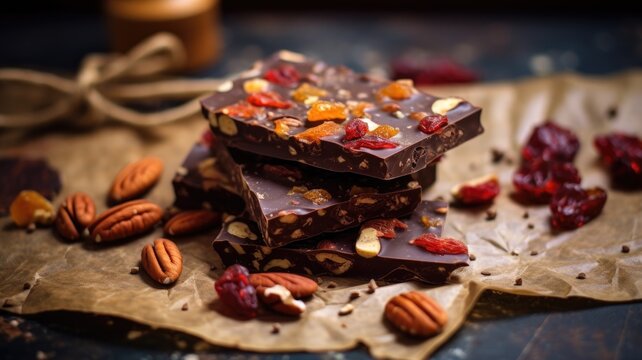 Artisan chocolate with nuts and dried fruits, rustic setting