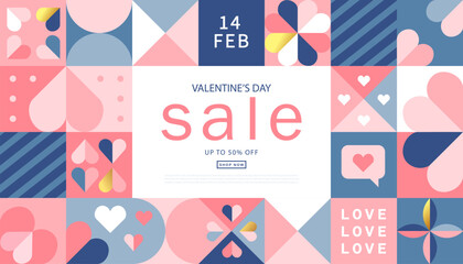 Happy Valentines Day Sale, February 14th. Vector illustration for banner, posters, holiday cover . Abstract design with romantic decorative elements. Modern minimalist geometric style.