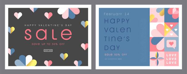 Happy Valentines Day Sale, February 14th. Set of vector illustrations for banner, posters, holiday cover . Abstract design with romantic decorative elements. Modern minimalist geometric style.