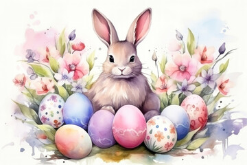 Easter illustration with Easter bunny and eggs in watercolor style.