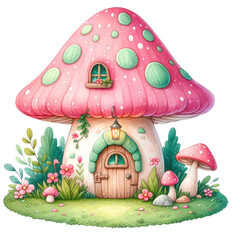 A charming watercolor illustration of a whimsical mushroom house with vibrant colors, set in a magical garden.
