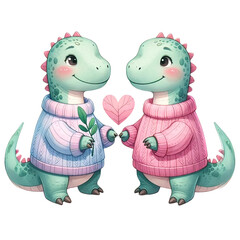 Charming illustration of two dinosaurs in cozy sweaters sharing a heart, symbolizing love and togetherness.
