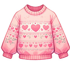 Illustration of a cozy pink sweater with a cute heart pattern and floral designs, ideal for Valentine's Day themed graphics and clothing designs.
