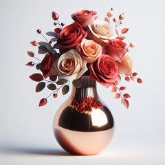 Bouquet of red and orange roses in vase. Floral Brilliance:Graceful Fusion: Stylish Vases Presenting Gorgeous Flowers against a White Palette