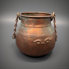 Antique Copper Cauldron With Chain Handle Displayed Against a Grey Background