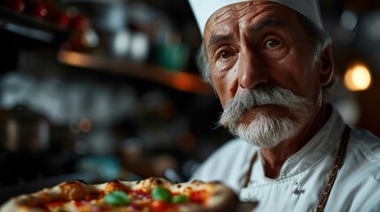 Obraz premium old italian chef with grey moustache, wearing chefs hat on his head, dish with pizza in his hands, blurry interior of kitchen at the background a Delicious Piping Hot Pizza. Copy Space.