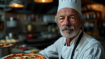 Fototapeta na wymiar old italian chef with grey moustache, wearing chefs hat on his head, dish with pizza in his hands, blurry interior of kitchen at the background a Delicious Piping Hot Pizza. Copy Space.