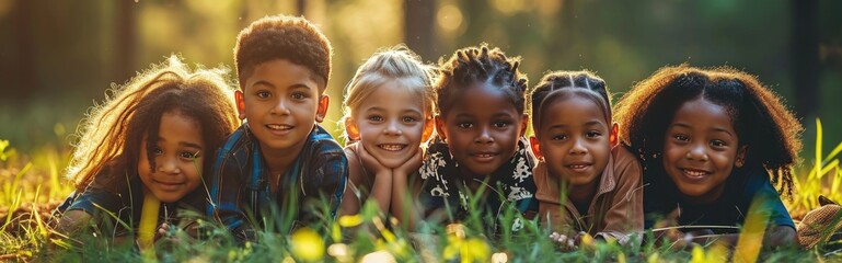 Diverse Group Of Smiling Children Together In The Garden. Generative AI - obrazy, fototapety, plakaty