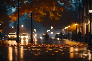 Stoff pro Meter As raindrops fall on the city, the streets become a canvas for fallen leaves. The soft glow of streetlights guides the way for pedestrians, creating a realistic and tranquil autumn scene © Nazia