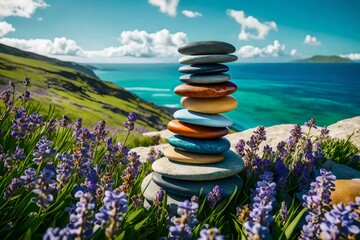 High-definition closeup of a stack of colorful stones on grass, with minimal lavender and jasmine...