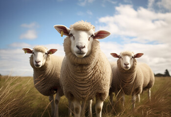 Obraz premium Gentle Grazers: Flock of Sheep Amidst the Golden Grass