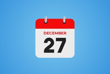 Icon calendar day. 27 December. 27th days of the month, illustration style. Date day of week Sunday, Monday, Tuesday, Wednesday, Thursday, Friday, Saturday. Winter holidays in December.