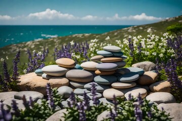 Closeup shot using a 105mm lens of colorful stacked stones on a green field with scattered jasmine...