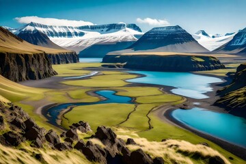 A high-resolution image of a serene valley in Iceland, taken with a 105mm lens, featuring a palm tree, mountainous terrain, and an ocean horizon, all under a clear blue sky