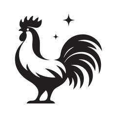 Hen and Cock Silhouette: Nocturnal Farm Life, Starlit Sky, and Serene Silhouetted Landscape in Calming Night Scene - Minimallest silhouette of farm
