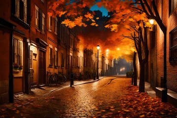 Fototapeta na wymiar An evening scene in an urban alleyway, illuminated by soft, warm streetlights. Autumn leaves, in shades of orange, yellow, and brown, are scattered across the cobblestones