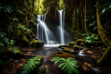 A hidden waterfall flowing through the heart of the rainforest.