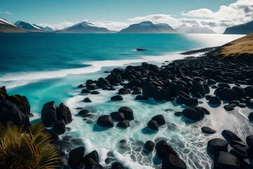 The magic of an Icelandic day unfolds as palm trees sway, colorful stones sparkle on the beach, and the vast ocean captivates with its breathtaking beauty.
