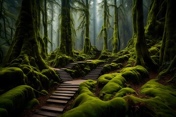 A mossy forest path leading to a hidden mountain viewpoint.