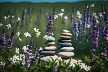 Closeup shot using a 105mm lens of colorful stacked stones on a green field with scattered jasmine and lavender, overlooking a serene ocean and clear sky.