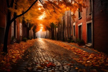 A twilight scene in an urban alleyway, where the cobblestones are awash in the soft light of the setting sun, highlighting the myriad colors of autumn leaves that have fallen from the trees above.
