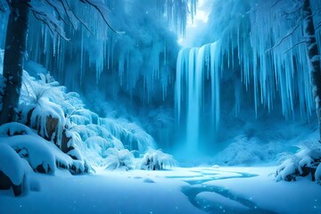 A wide panoramic view of a fantasy forest during a gentle snowfall, with iridescent butterflies glowing softly amidst the snowflakes, surrounding an ice-covered waterfall.