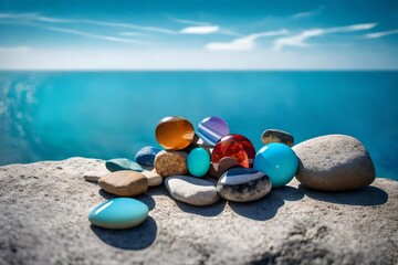 An exquisite 105mm lens capture showcasing colorful equilibrium stones set against a pristine azure sky with a panoramic view of the sea.