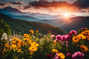 A high-definition 105mm lens photo of a mountain landscape at day light, , with bright Different color variations flowers in the foreground and a beautifully colored sky.