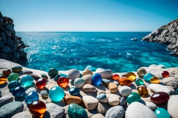 A captivating close-up image of colorful stones in perfect balance, framed against a crystal-clear blue sky, the ocean stretching to infinity beyond.