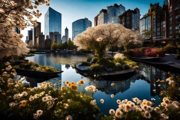 An urban oasis with a picturesque view of city flowers adrift on calm waters, framed by a clear blue sky.