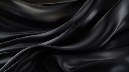 Luxurious black satin draped gracefully, creating a smooth texture and a sophisticated background with a sense of depth.