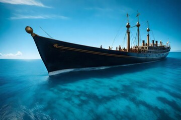 A pristine blue sky stretches over a boundless ocean, featuring a weathered, historic vessel.