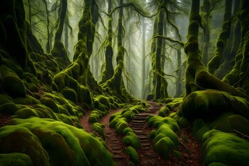 A mossy forest path leading to a hidden mountain viewpoint.