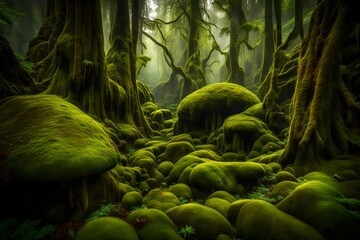 A serene moss-covered glade nestled amidst towering rainforest giants.