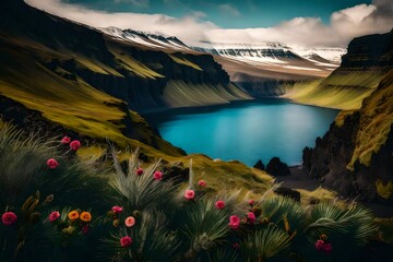 breathtaking valley in Iceland, highlighting a unique palm tree amidst rugged mountains, a vast ocean backdrop, and a clear blue sky, complemented by a few vibrant flowers in the lower frame