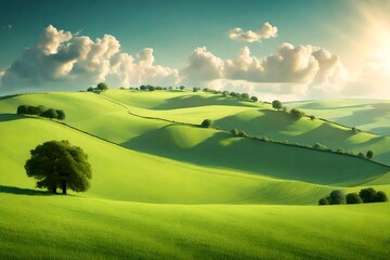 An idyllic countryside panorama with rolling hills, a copse of trees, and a limitless blue sky.