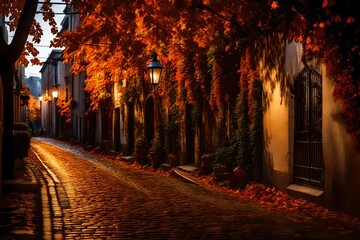A dusk scene in an urban alleyway during autumn, where street lamps cast a golden glow on the cobblestone path, surrounded by walls covered in richly colored leaves and creeping vines.