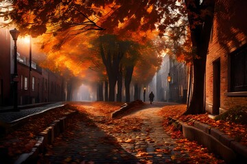 A twilight scene in an urban alleyway, where the cobblestones are awash in the soft light of the setting sun, highlighting the myriad colors of autumn leaves that have fallen from the trees above.