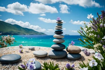High-definition closeup of balanced stones on a green lawn, accented with a few lavender and jasmine flowers, against an expansive ocean view and blue sky.