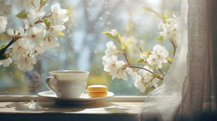 Obraz na płótnie Canvas A cup of coffee basking in sunlight on a windowsill, with white spring blossoms lending a fresh, peaceful vibe.
