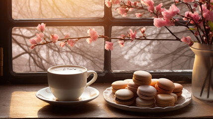 A warm cup of coffee paired with a plate of macarons on a rustic windowsill, with pink blossoms in the background.