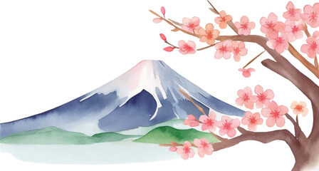 日本の綺麗な山と梅の花の水彩イラスト