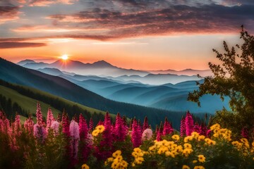 A stunning photograph of a mountainous landscape at day light, , captured through a 105mm lens, featuring a foreground of vibrant Different color variations flowers and a colorful sky.
