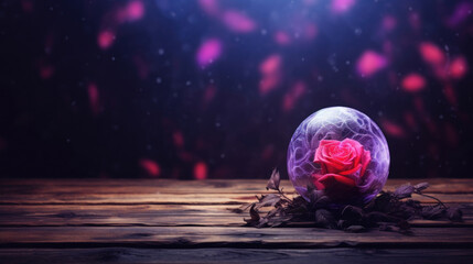 Magical scene with a vibrant red rose encased in a crystal ball, surrounded by fallen petals on a rustic wooden surface.