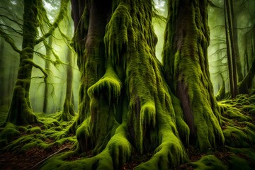 Green moss clinging to tree trunks, creating an otherworldly texture.