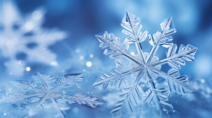 Close-up view of intricate snowflake patterns with a blue-toned background, highlighting the unique symmetry of ice crystals.