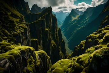 A breathtaking view of mossy cliffs against the backdrop of towering mountains.